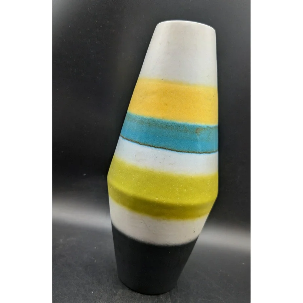 Amano West Germany Pottery Vase Mid Century Modern Striped Ceramic Yellow Blue
